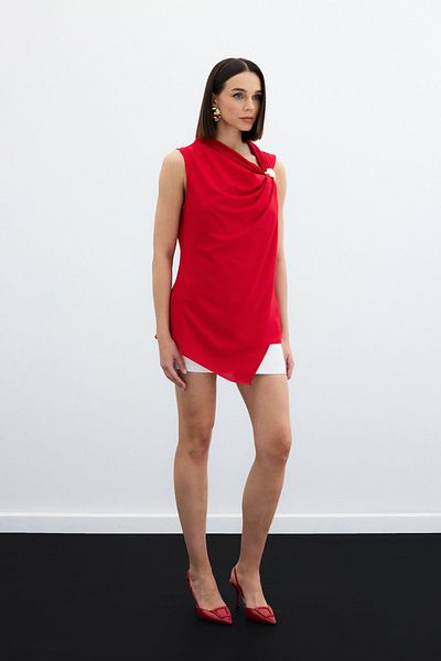 Sateen One Shoulder Accessory Blouse - Red