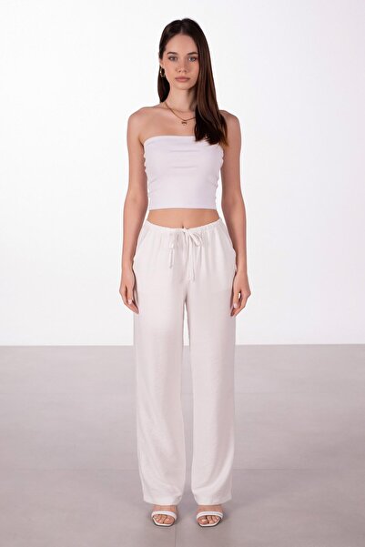 BARRELS AND OIL Linen Wide Leg Trousers with Tie Waist - White
