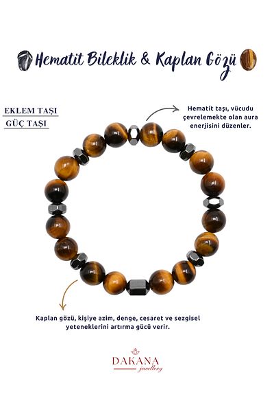 DAKANA JEWELLERY Certified Cylinder Hematite and 8 mm Tiger Eye Flexible Natural Stone Bracelet