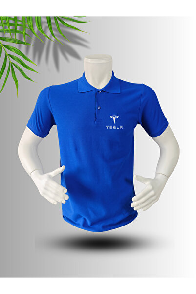 FROOY Tesla Logo Printed Polo Neck Cotton T-Shirt