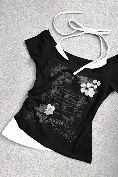 Köstebek Black Nuit Magique Madonna Collar Y2K Short Sleeve Full Body Crop T-Shirt with Additional Strap