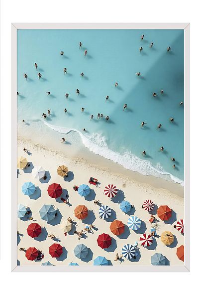 Postifull White Framed Poster Painting, People on the Beach, Photo, Blue Color Poster, 2025 Summer Selection, No:10