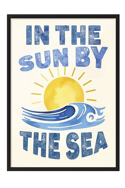 Postifull Black Framed Poster, Sunny Seaside, Illustration, Blue Color Poster, 2025 Summer Selection, No:1