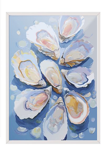 Postifull White Framed Painting, Oysters, Shells, Illustration, Impressionist, Blue, Pastel Tones Color