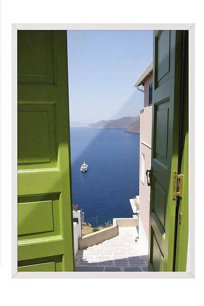 Postifull White Framed Poster, Door Opening to the Sea, Photo, Green Color Poster, 2025 Summer Selection, No:109657