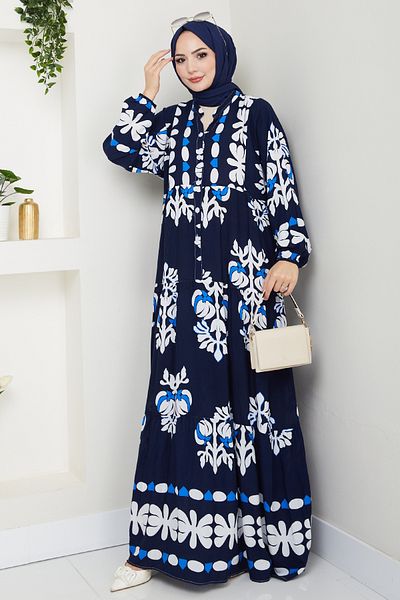 InStyle Φαρδύ Casual Floral Φόρεμα Βισκόζης Navy Blue