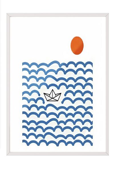 Postifull White Framed Poster Painting, Paper Boat, Illustration, Maximalist, Blue Color Poster, 2025 Summer Selection