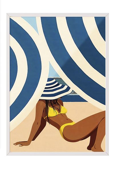 Postifull White Framed Poster, Black Woman in Yellow Bikini, Illustration, Silver Color Poster, Summer of 2025