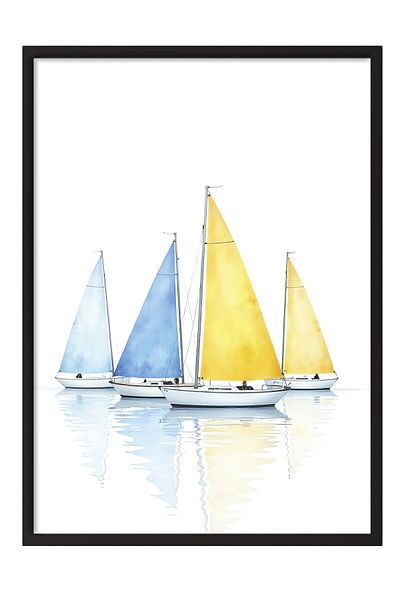 Postifull Black Framed Poster, Sailboats, Illustration, Yellow Color Poster, 2025 Summer Selection, No:109631