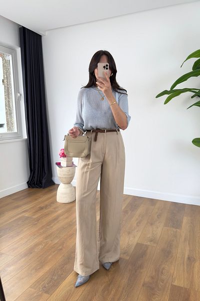BİRCANÇİL Perla Beige Premium Belted Trousers
