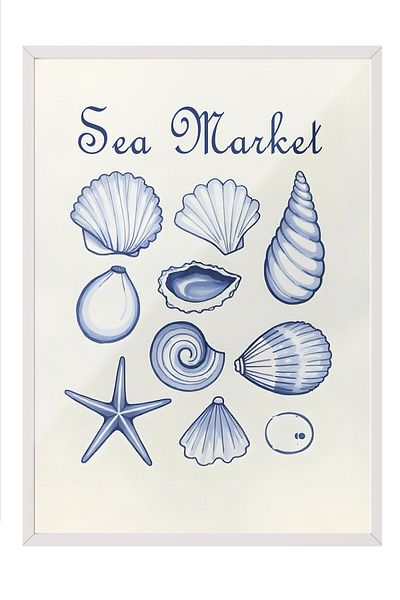 Postifull Poster cu cadru alb, piață de mare, ilustrație, poster de culoare albastră, selecție de vară 2025, NR:109582