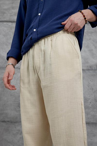 CAST COLLECTİON Men's Beige Muslin Fabric Baggy Fit Linen Bottom