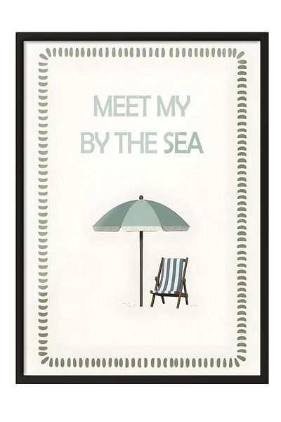 Postifull Black Framed Poster, Seaside Encounter, Illustration, Blue Color Poster, 2025 Summer Selection, N