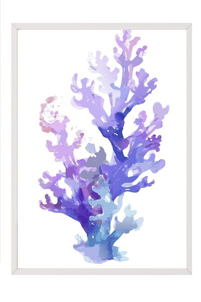 Postifull Pictură cu cadru alb, Coral, acuarelă, violet, poster de culoare albastră, selecție de vară 2025, NR:109871