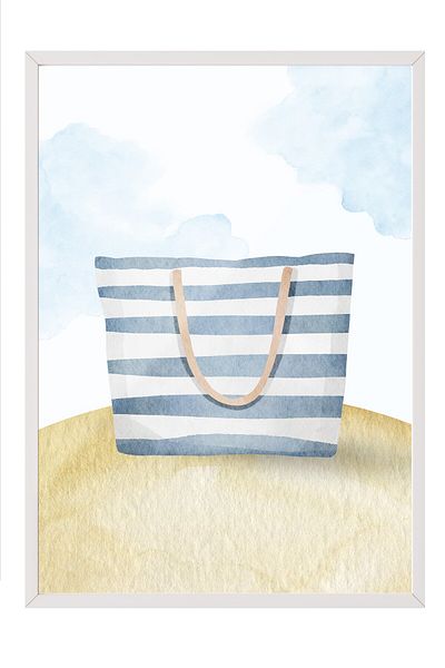 Postifull White Framed Painting, Bag, Watercolor, Minimalist, Blue, Beige Color Poster, 2025 Summer Selection, No:109