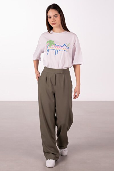 BARRELS AND OIL بنطلون نسائي من القماش بحزام فيلكرو - أخضر