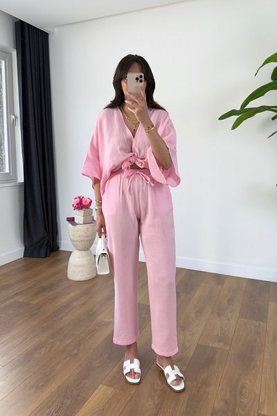 BİRCANÇİL Buny Pink Tie Detail Muslin Pants Set