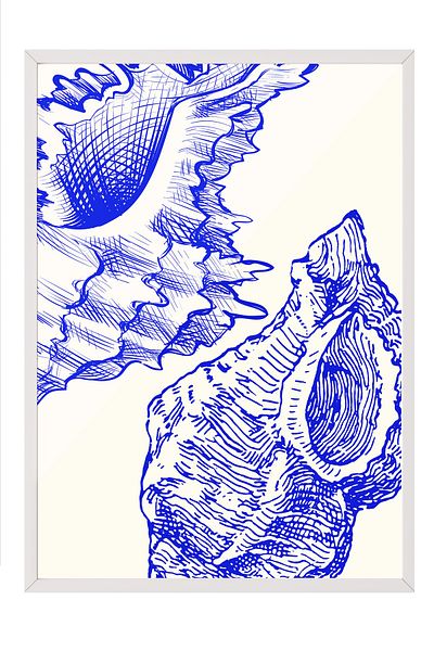 Postifull White Framed Painting, Seashells, Illustration, Blue, White Color Poster, 2025 Summer Selection, No: