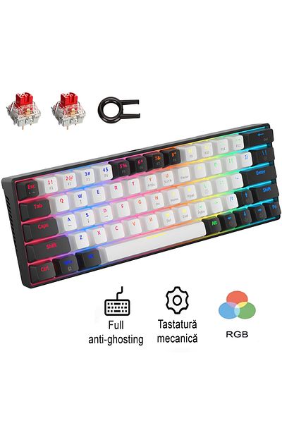 QuTek Qutek Mechanical Gaming Keyboard, 60%, LED Lights, 63 Keys, with Type-C Cable, Red Switch, Portable