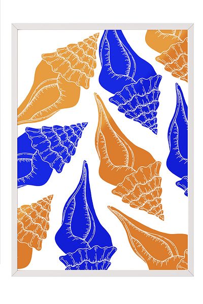 Postifull White Framed Painting, Seashells, Flat Illustration, Contemporary, Orange, Blue Color Poster, 2025 Ya