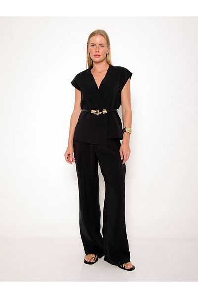 Coral Belted Padded Vest Trousers Suit Black