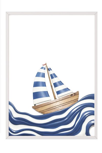 Postifull White Framed Poster Painting, Blue Striped Sailboat, Illustration, Blue Color Poster, 2025 Summer Selection