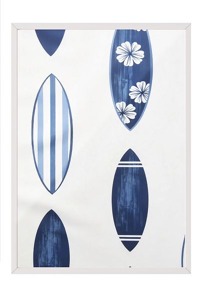 Postifull White Framed Poster, Surfboard, Illustration, Blue Color Poster, 2025 Summer Selection, No:109596