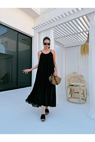 My Blog Czarna sukienka na ramiączkach o swobodnym kroju - 3173