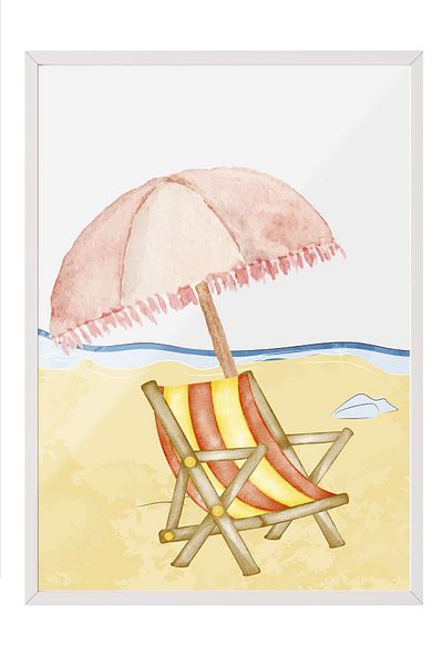 Postifull Pictură în cadru alb, umbrelă, scaun, plajă, acuarelă, tonuri pastel, poster de culoare bej, vara 2025