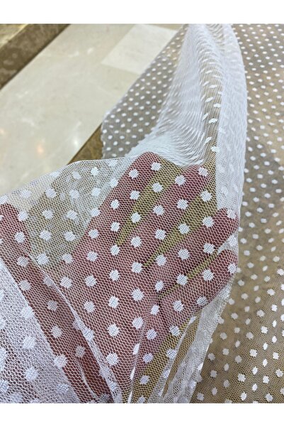 METERİAL Beyaz Puantiyeli Tül Kumaş – Yumuşak Doku 130 cm En