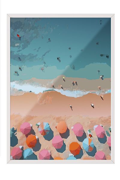 Postifull White Framed Painting, Beach, Umbrellas, Ocean, Illustration, Contemporary, Multicolor, Blue Color