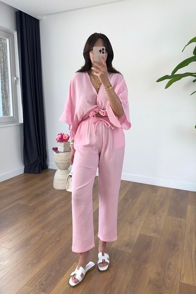 BİRCANÇİL Buny Pink Tie Detail Muslin Pants Set