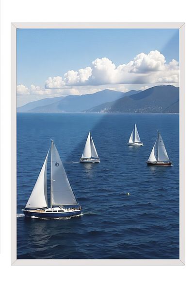 Postifull White Framed Poster, Sailboats, Photo, Blue Color Poster, 2025 Summer Selection, No:109625