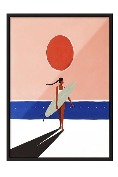 Postifull Black Framed Poster Painting, Female Surfer, Illustration, Red Color Poster, 2025 Summer Selection, No: