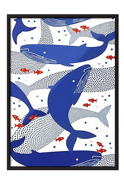 Postifull Black Framed Poster, Whale, Illustration, Blue Color Poster, Summer Selection 2025, No:109621