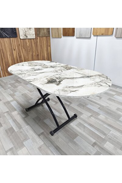 SEHPAM AKILLI Ortadan Açılır Akıllı Yemek Masası Oval Mdf Tabla Alt Mekanizma Metal Siyah Renk