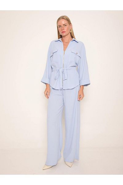 Coral Zippered Shirt Trousers Suit Blue