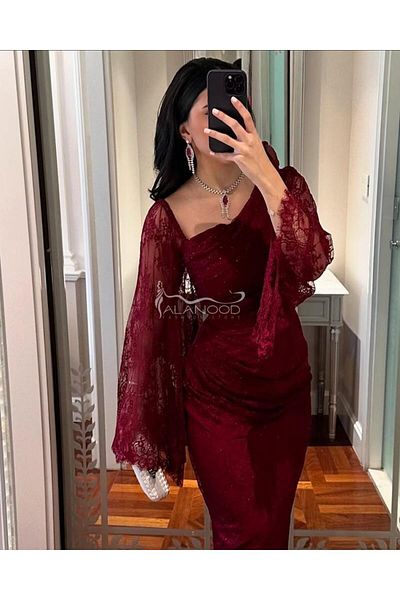 ALANOOD FASHION فستان دانتيل بلون عودي للعيد تصميم أنيق