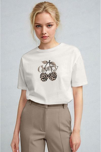 Millionaire Women's Ecru White Cherry Leopard Cherry Print Regular Fit Regular Fit T-Shirt