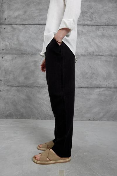 CAST COLLECTİON Erkek Siyah Müslin Kumaş Baggy Kalıp Keten Alt