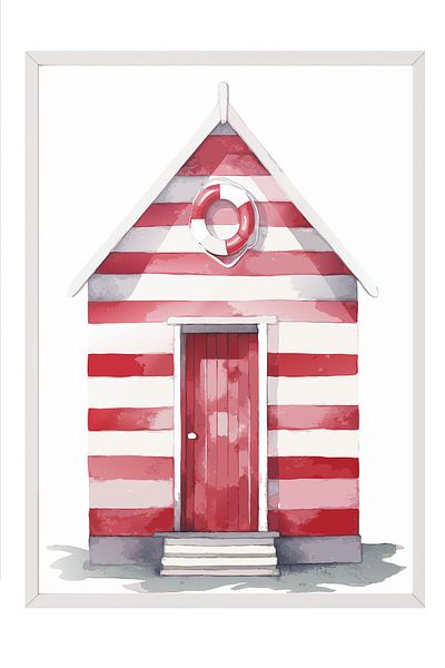 Postifull White Framed Painting, Cottage, Door, Lifebuoy, Watercolor, Red, White Color Poster, 2025 Summer Choose