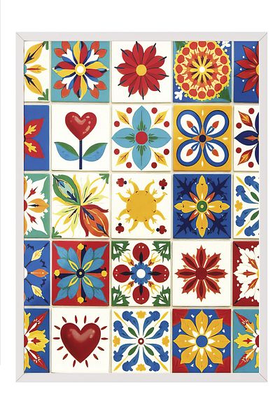 Postifull White Framed Poster Painting, Mixed Color Squares, Illustration, Maximalist, Red Color Poster,