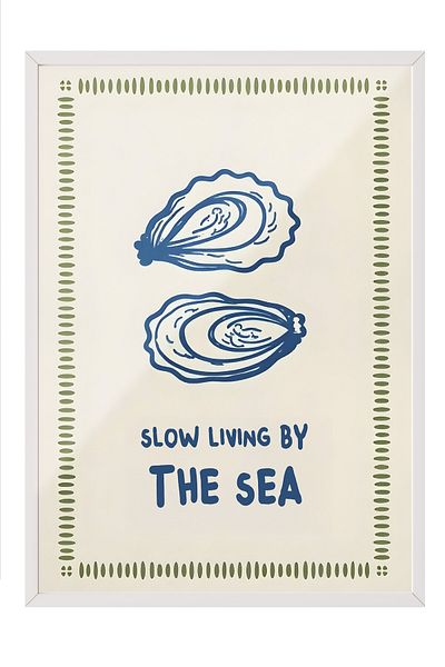 Postifull Poster cu cadru alb, Slow Life by the Sea, ilustrație, poster de culoare albastră, Summer Solstice 2025