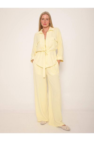 Coral Zippered Shirt Trousers Suit Yellow