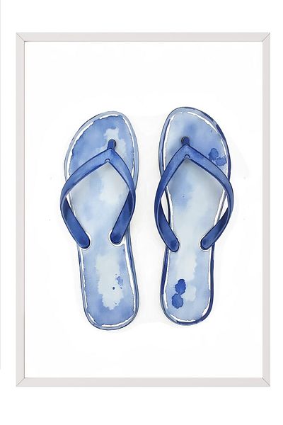 Postifull White Framed Poster Painting, Blue Flip Flops, Illustration, Blue Color Poster, 2025 Summer Choose