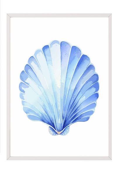 Postifull White Framed Painting, Seashell, Watercolor, Blue, White Color Poster, 2025 Summer Selection, No:109870