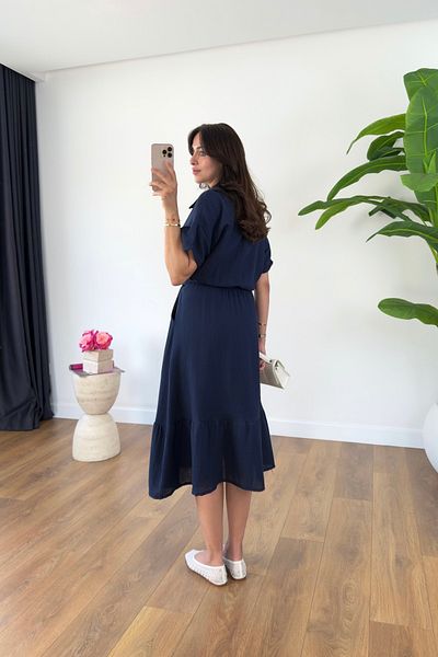 BİRCANÇİL Alegra Navy Blue Belted Lined Midi Dress