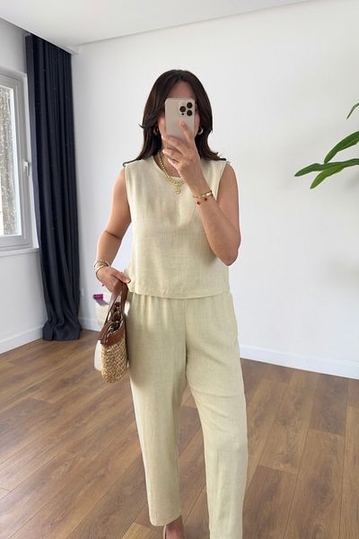 BİRCANÇİL Tenka Yellow Lined Trousers Blouse Necklace Set