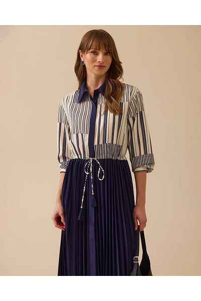 SCL Two Piece Look Striped Pleated Shirt Dress