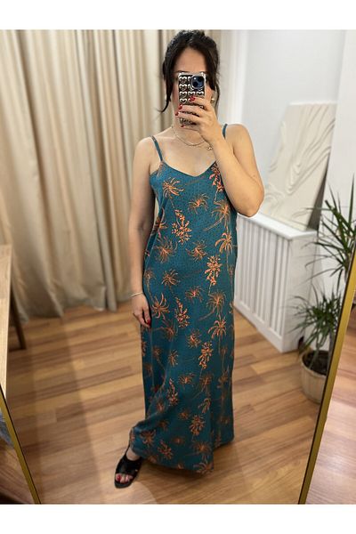 NARKISS Patterned Emerald Viscose Dress with Adjustable Strap